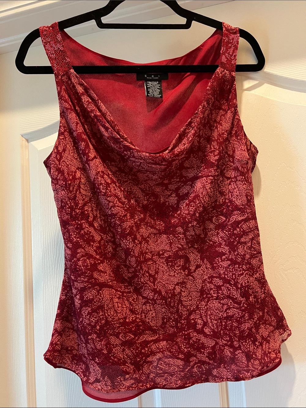 E.C.I. New York, 100% Silk - Red Burgundy with Beads on Straps - Size L EUC